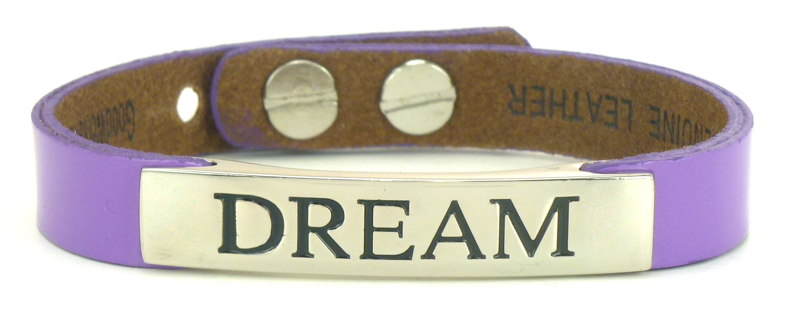 Life's Inspiration Bracelet featuring adjustable leather and alloy design with inspiring words: Faith, Imagine, Hope, Dream.