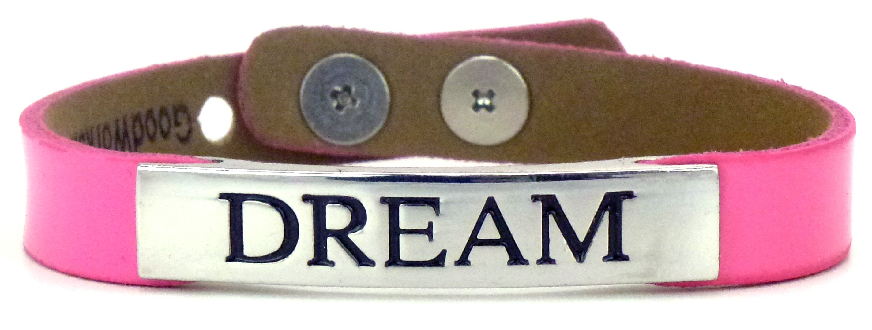 Life's Inspiration Bracelet featuring adjustable leather and alloy design with inspiring words: Faith, Imagine, Hope, Dream.