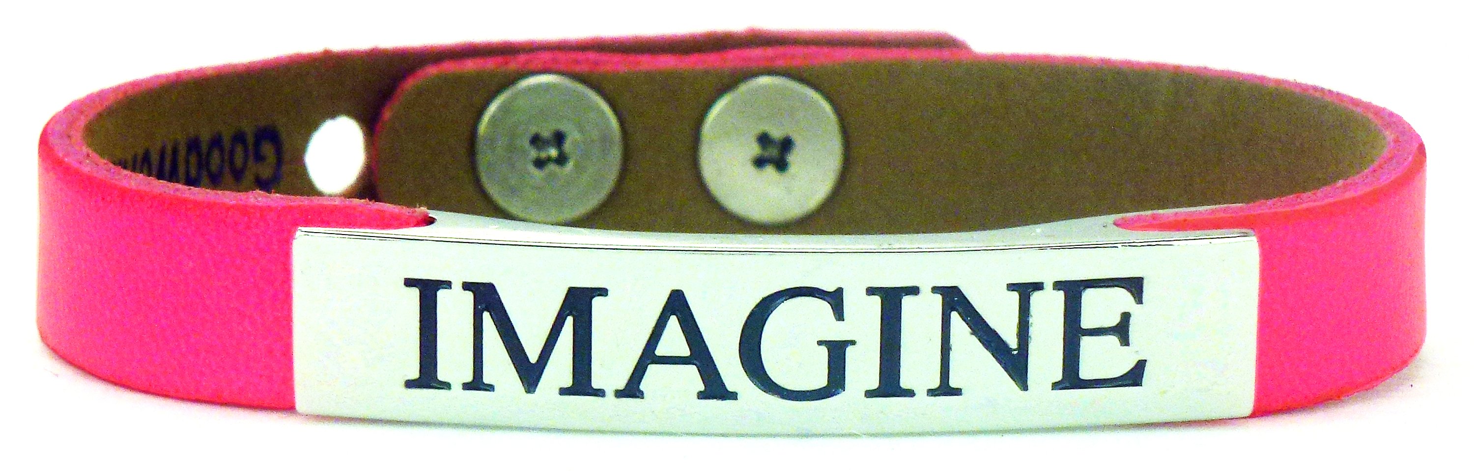 Life's Inspiration Bracelet featuring adjustable leather and alloy design with inspiring words: Faith, Imagine, Hope, Dream.