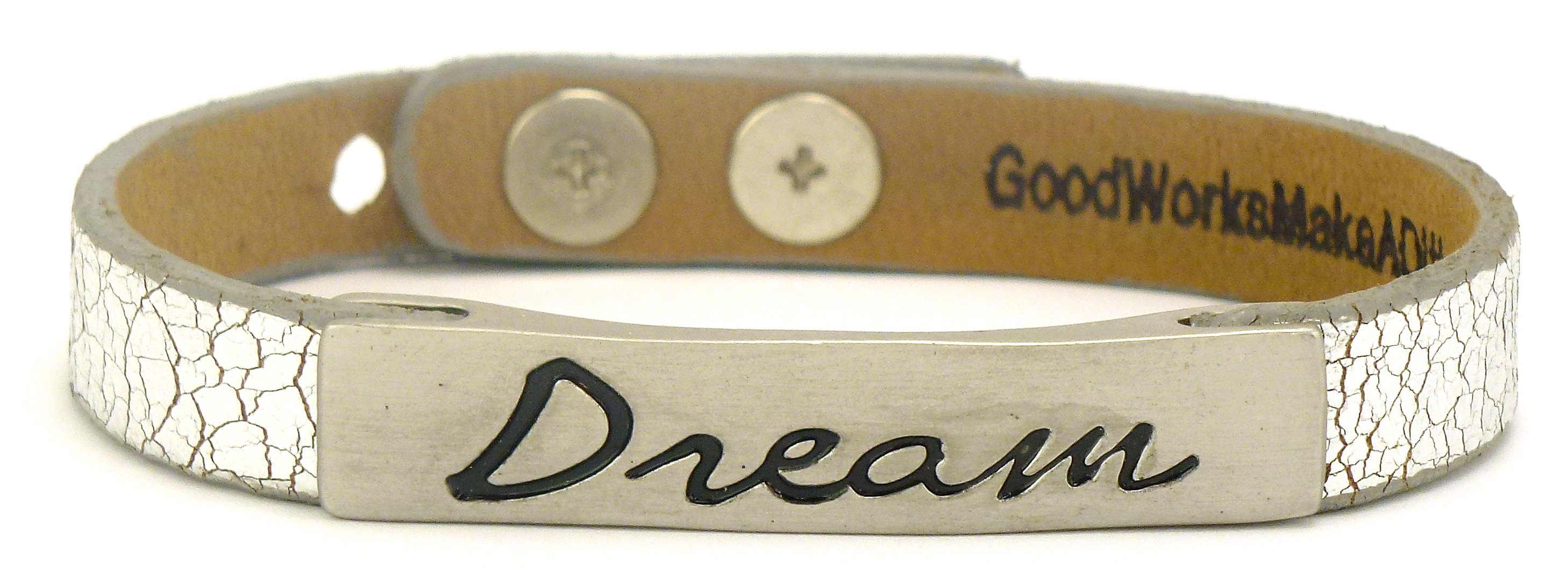 Life's Inspiration Bracelet featuring adjustable leather and alloy design with inspiring words: Faith, Imagine, Hope, Dream.