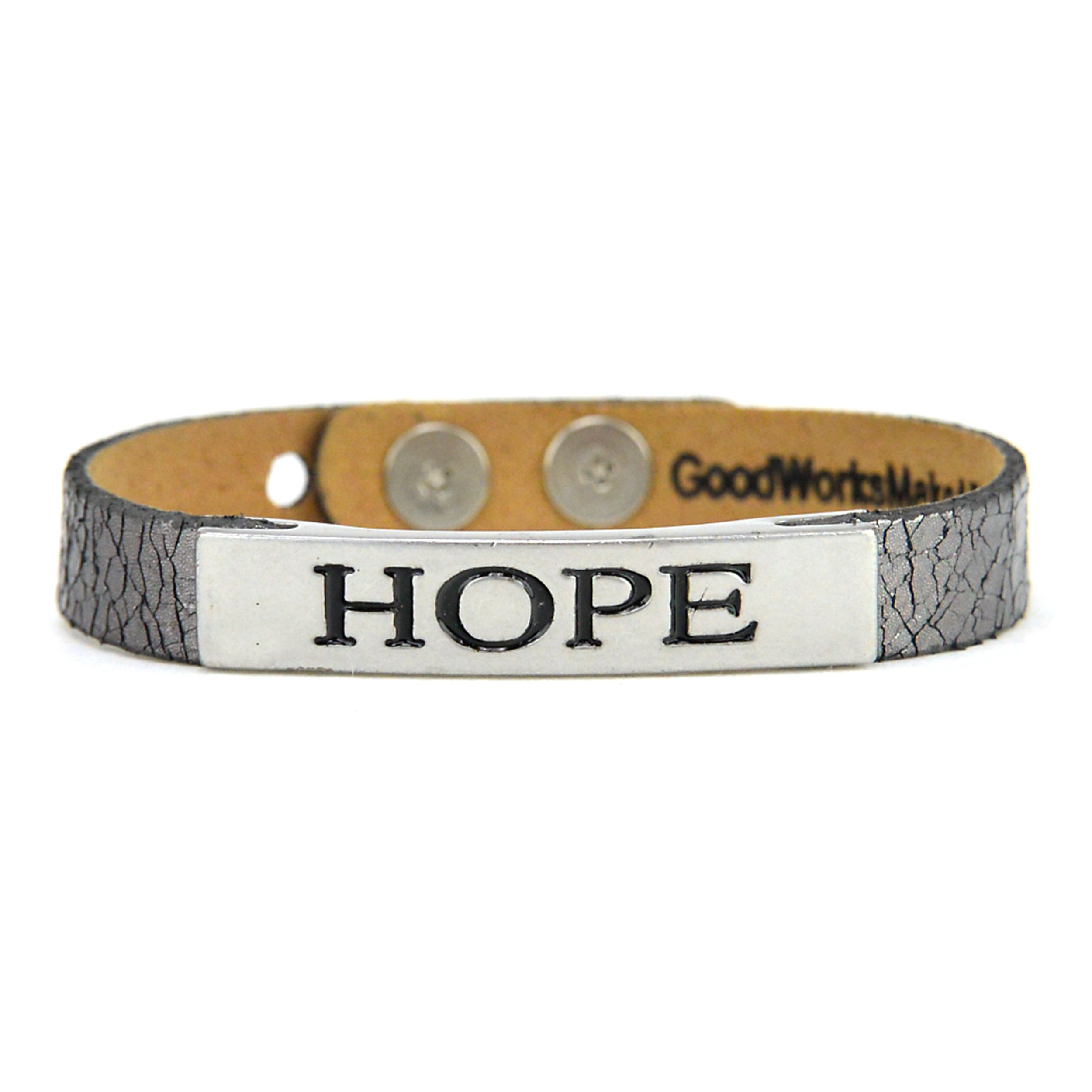 Life's Inspiration Bracelet featuring adjustable leather and alloy design with inspiring words: Faith, Imagine, Hope, Dream.