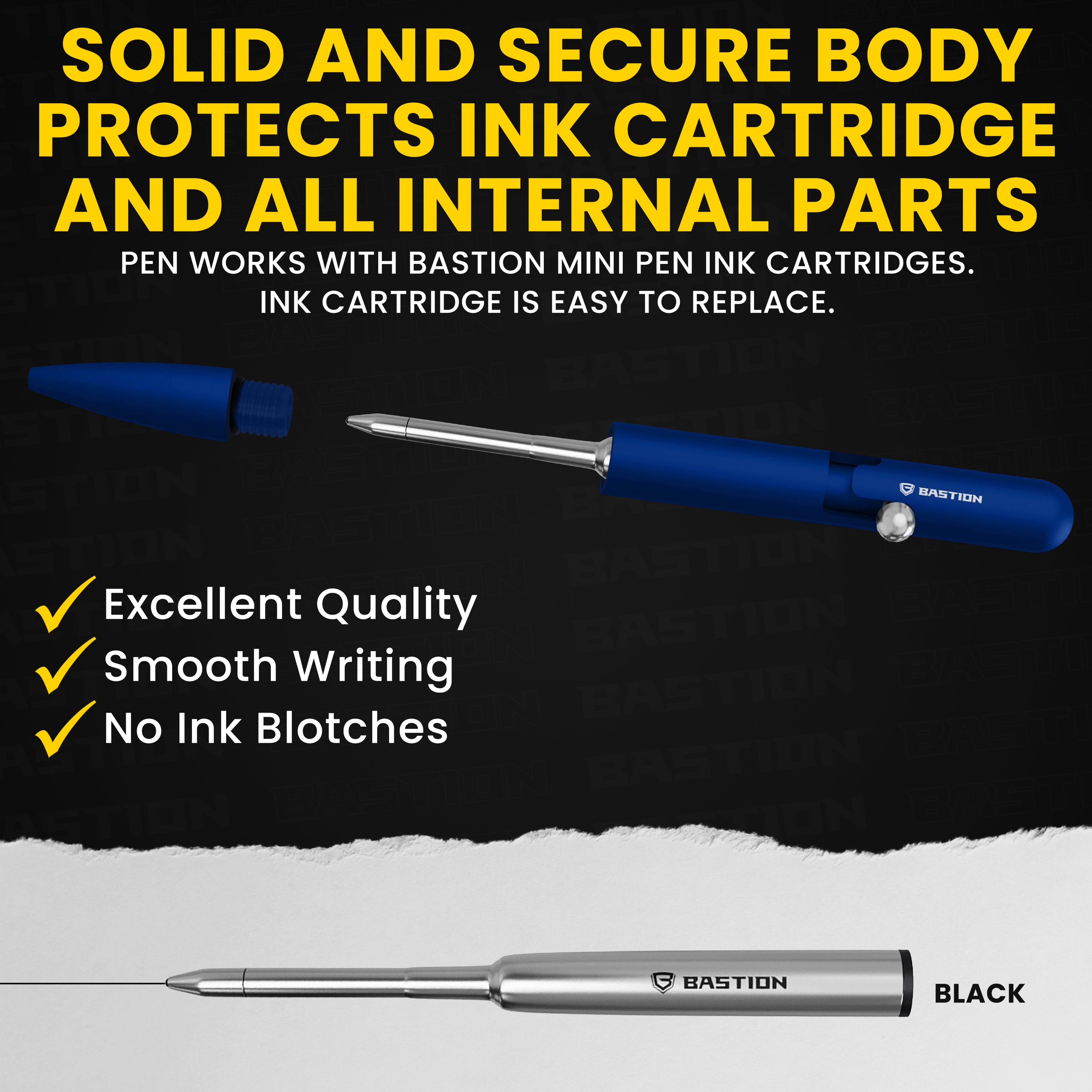 Mini Clipless Bolt Action Pen by Bastion® in sleek aluminum design, showcasing its compact size and ergonomic grip.