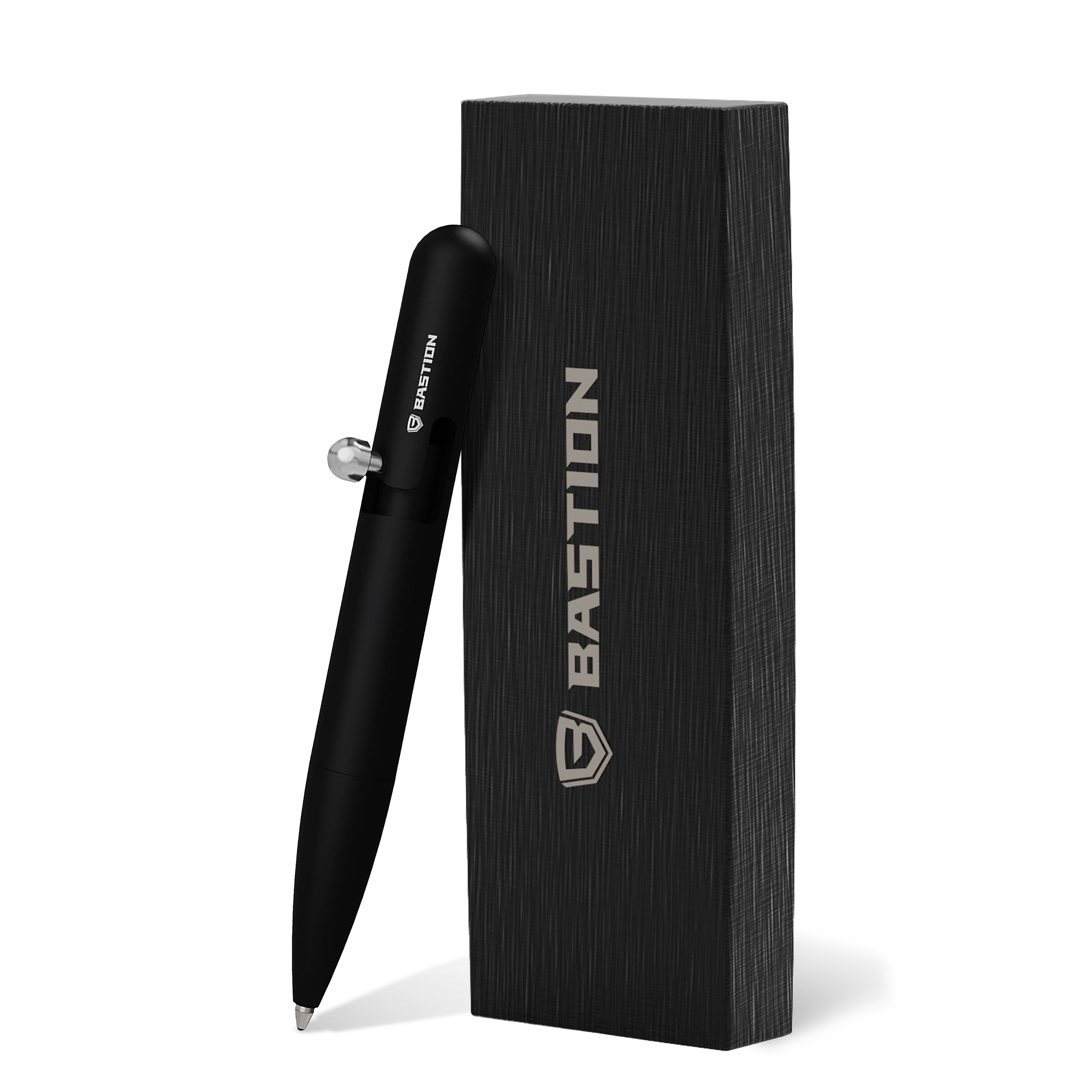 Mini Clipless Bolt Action Pen by Bastion® in sleek aluminum design, showcasing its compact size and ergonomic grip.