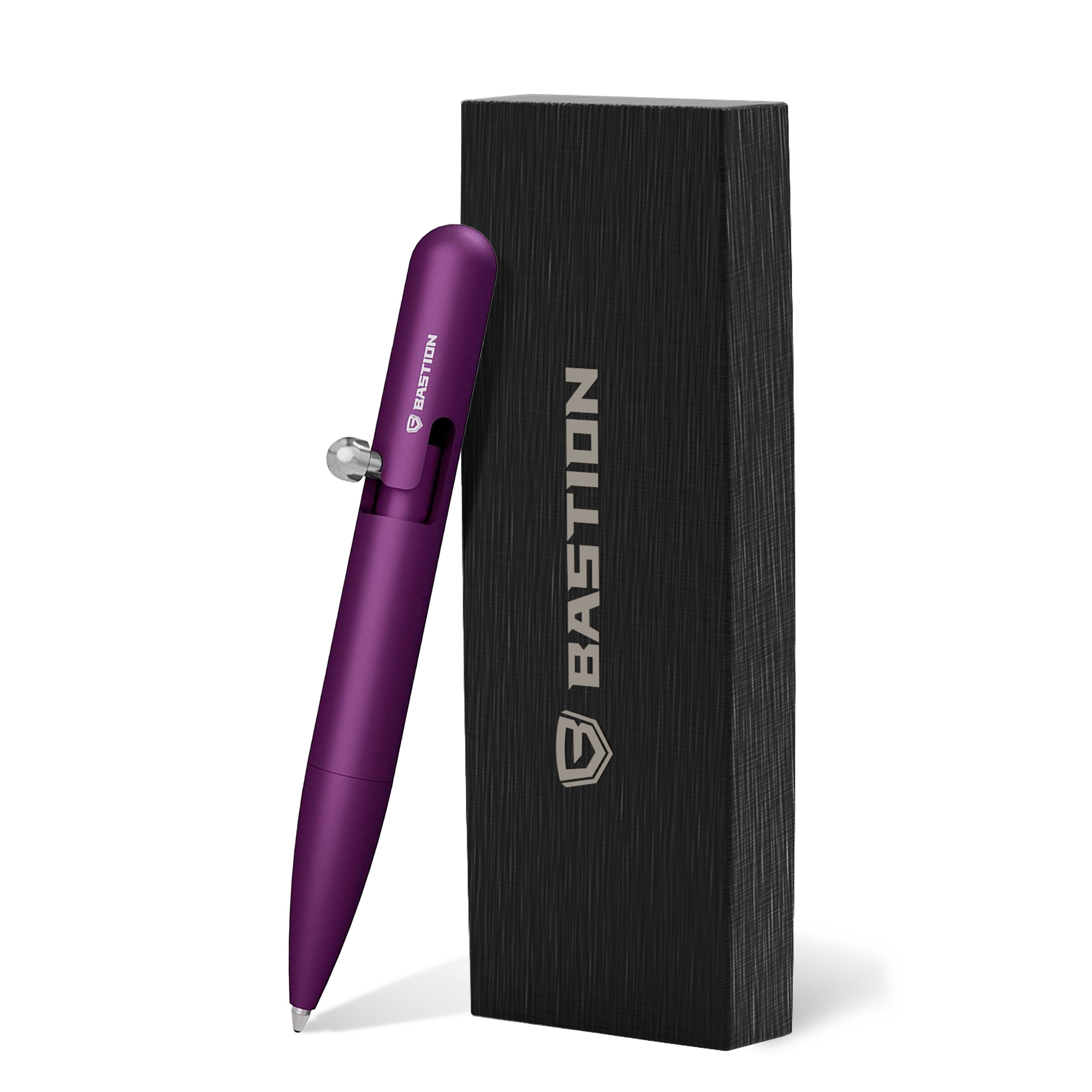 Mini Clipless Bolt Action Pen by Bastion® in sleek aluminum design, showcasing its compact size and ergonomic grip.