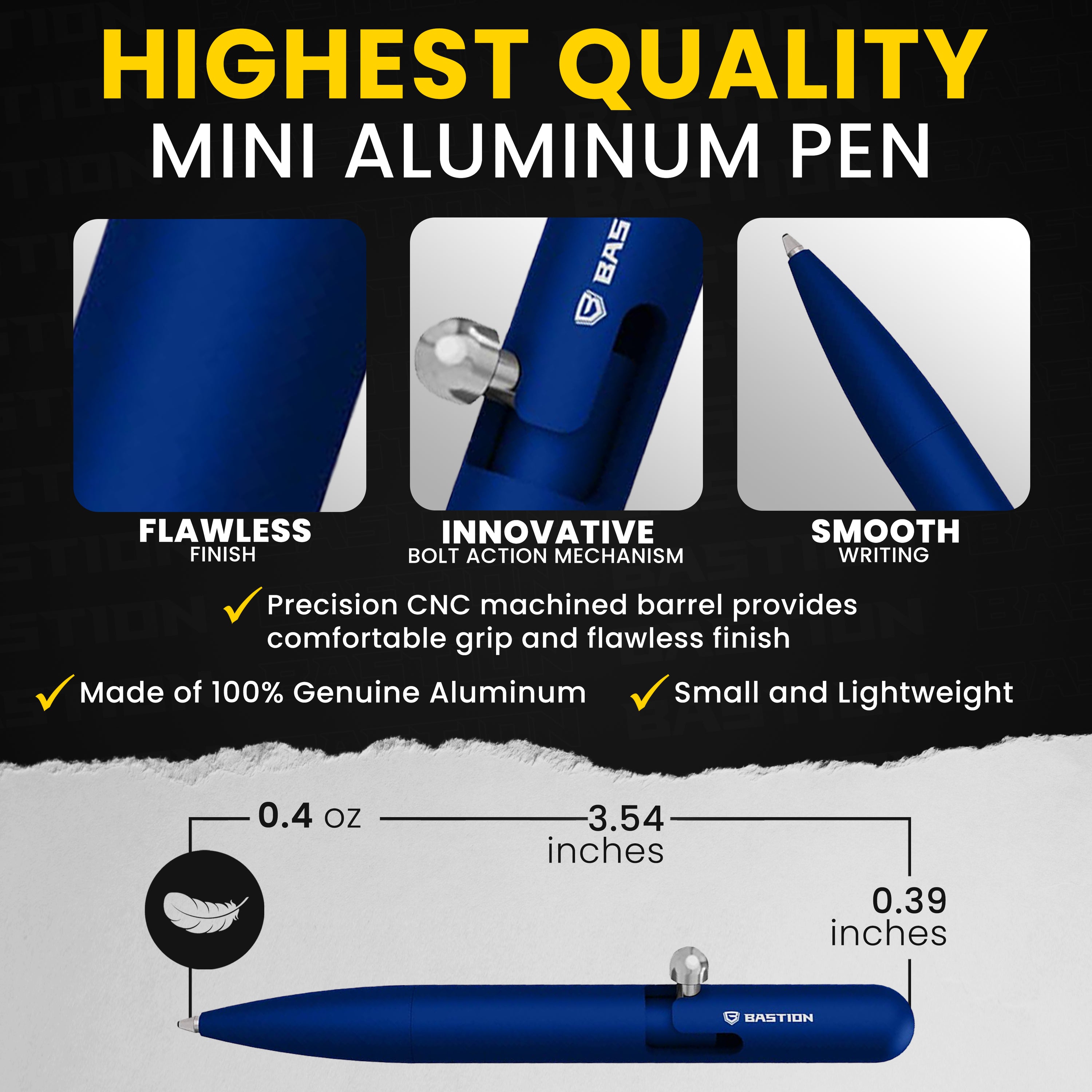 Mini Clipless Bolt Action Pen by Bastion® in sleek aluminum design, showcasing its compact size and ergonomic grip.