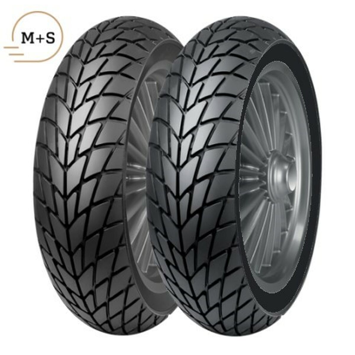 Two motorcycle tires with tread.