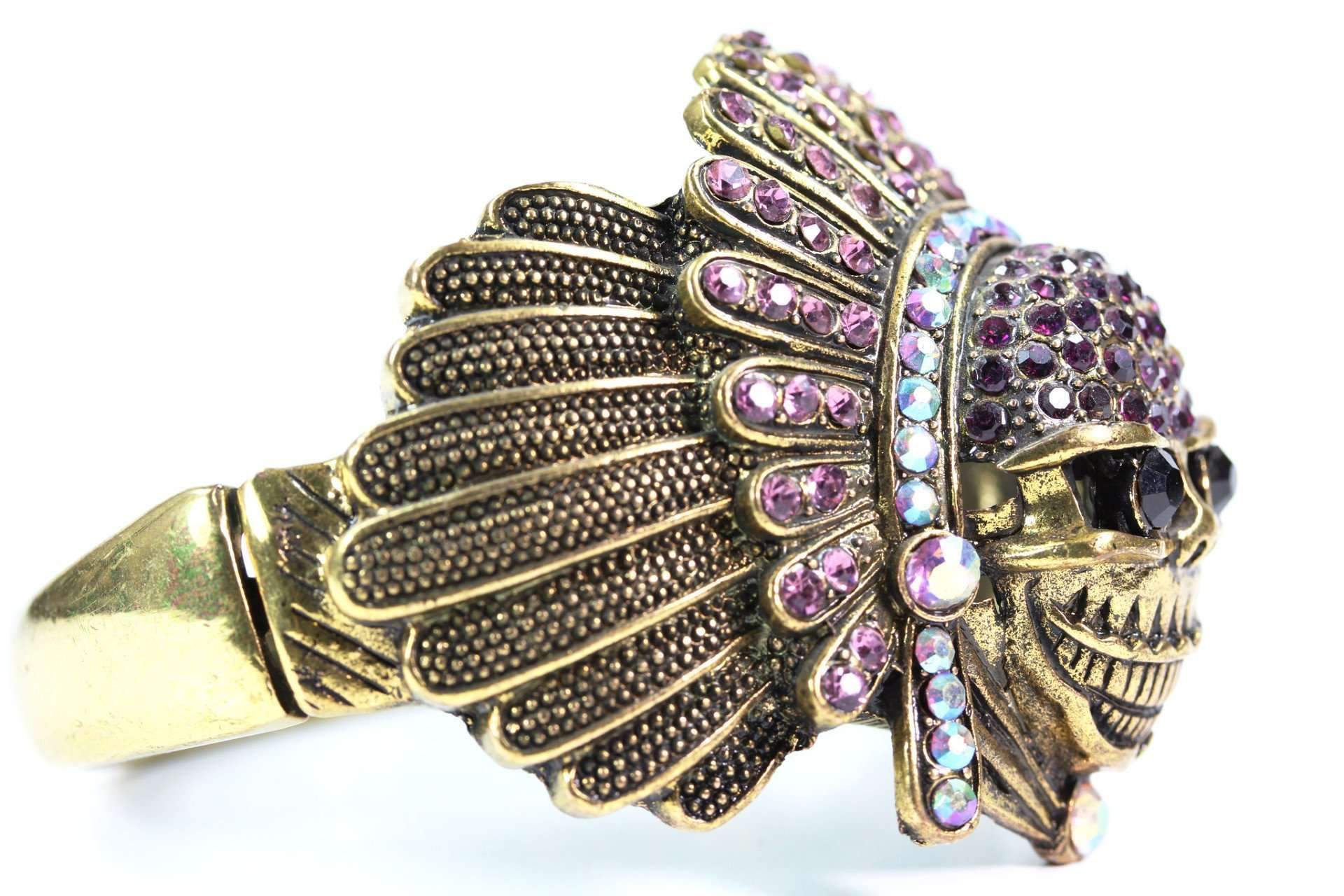 Handmade Native Indian Chief Bangle with crystal accents, showcasing a chief's headdress and playful expression.