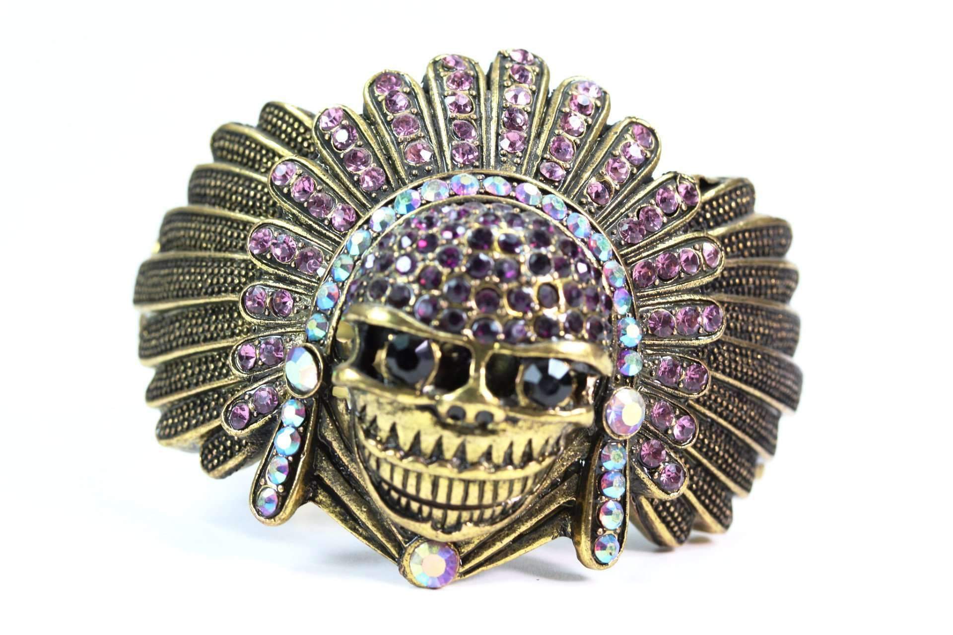 Handmade Native Indian Chief Bangle with crystal accents, showcasing a chief's headdress and playful expression.