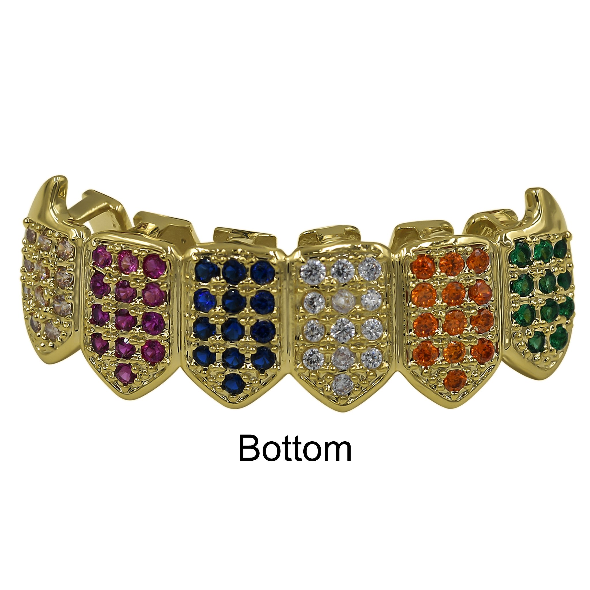 Rainbow Color Fully Iced Out Micro Pave Hip Hop Grillz displayed in an acrylic box, showcasing vibrant colors and sparkling details.