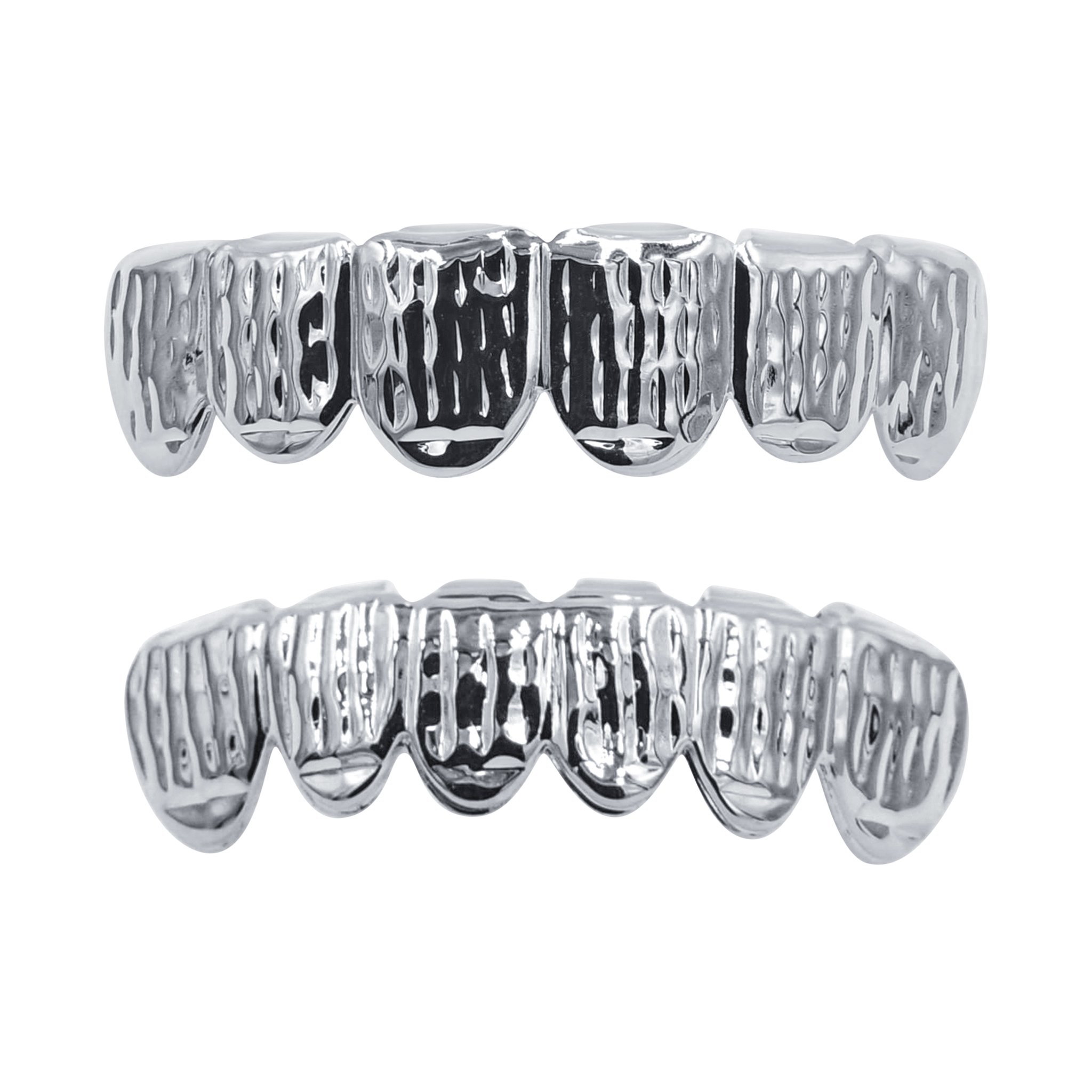 Solid Lustrous Silver Grillz showcasing a shiny, durable finish designed for a perfect fit on all teeth sizes.