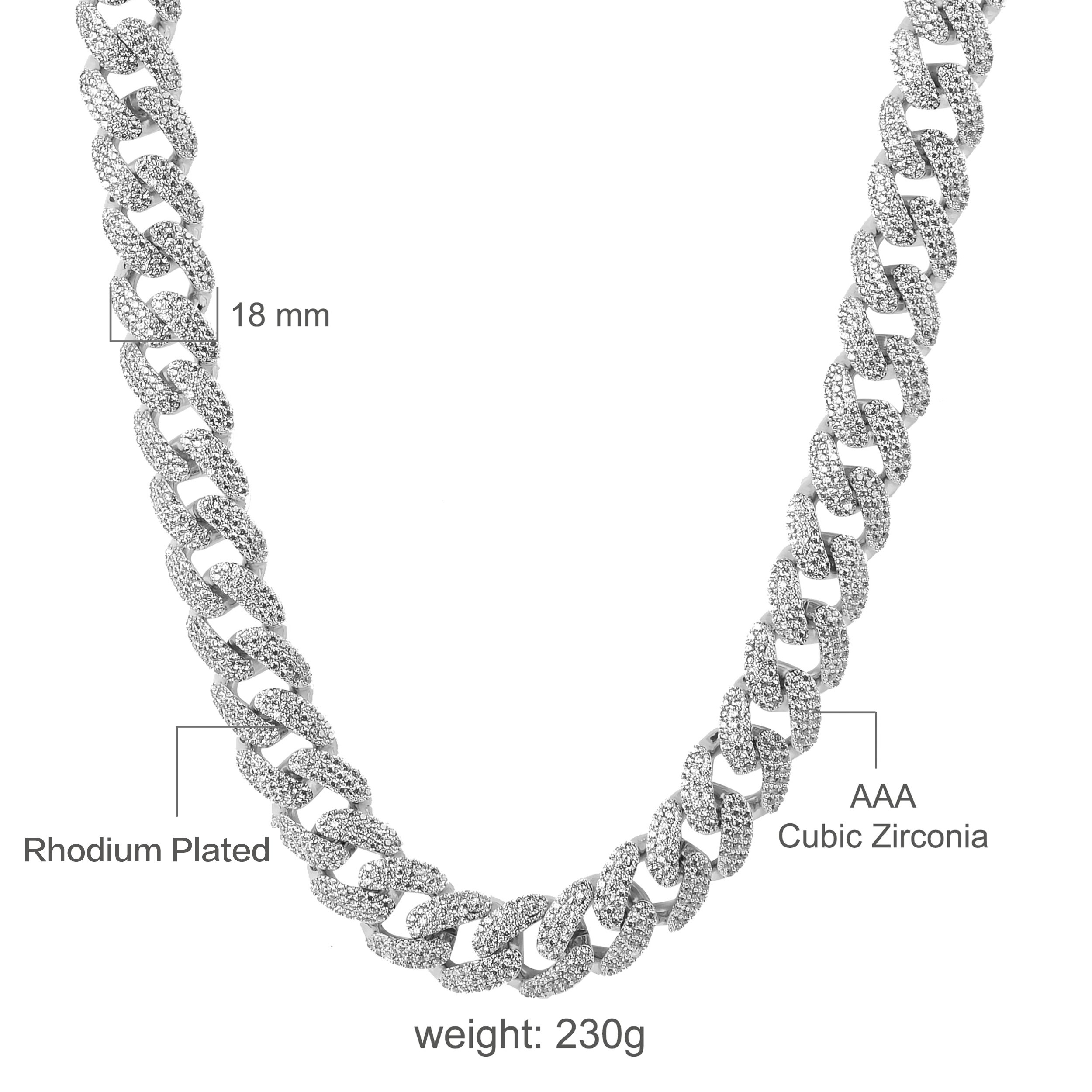 STALLION 18 MM Cuban Chain made of 925 sterling silver with AAA cubic zirconia, showcasing its luxurious design and craftsmanship.