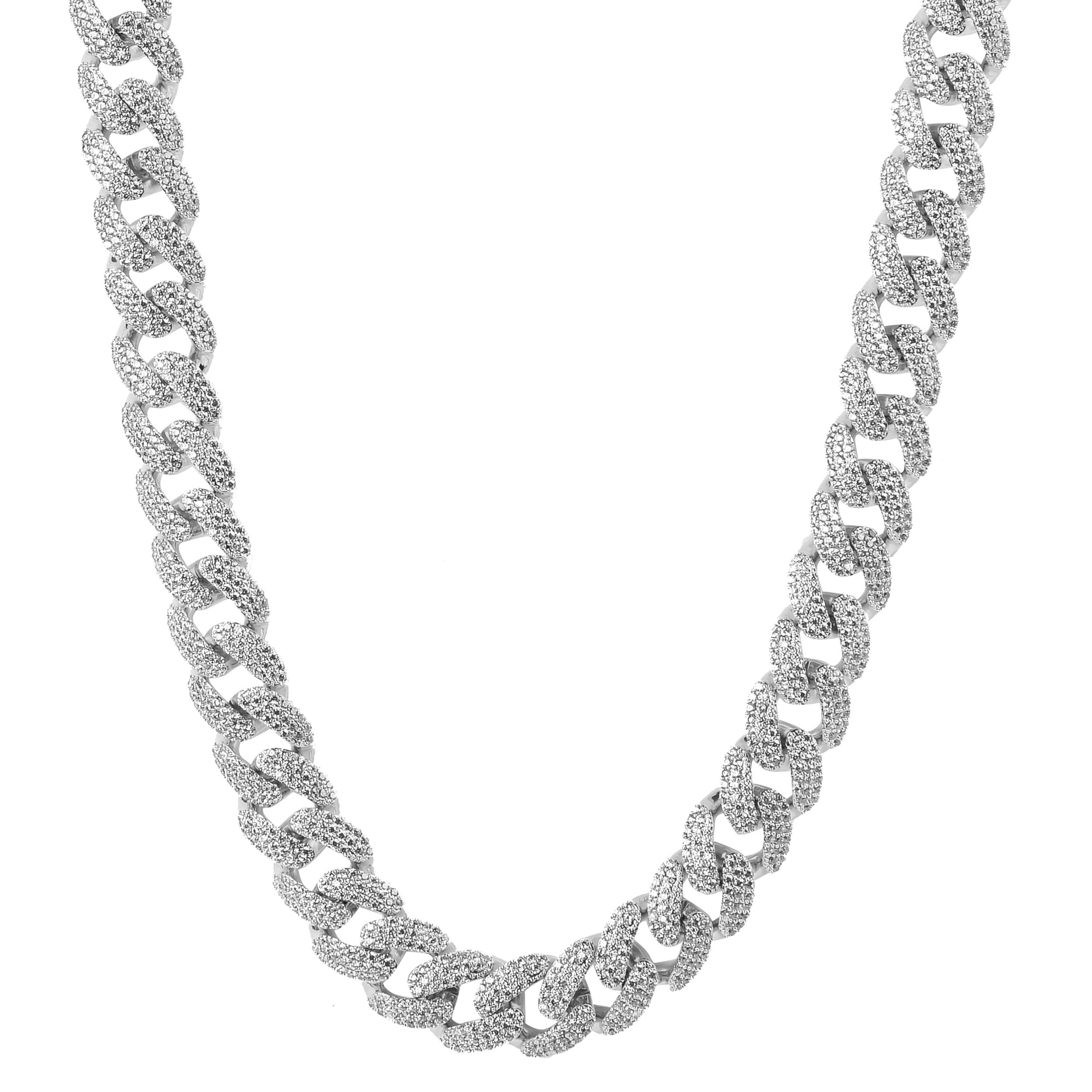 STALLION 18 MM Cuban Chain made of 925 sterling silver with AAA cubic zirconia, showcasing its luxurious design and craftsmanship.