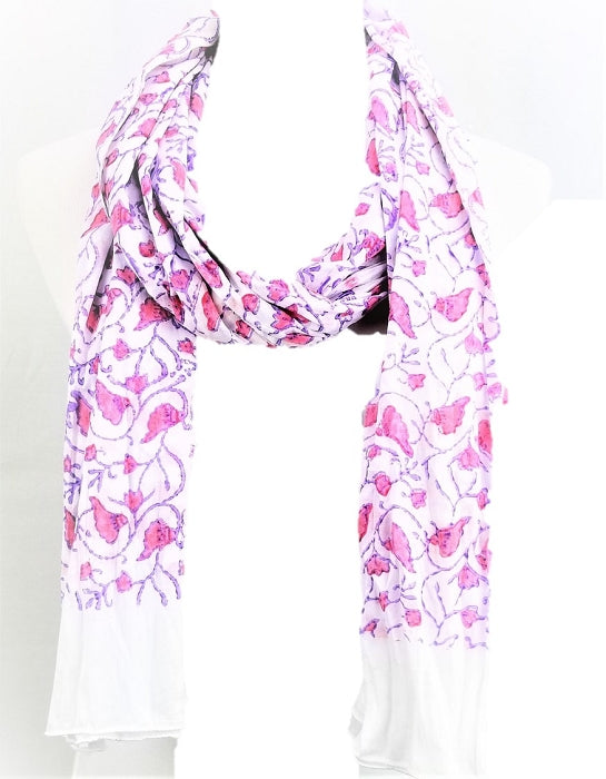 Survivor Karuna Floral Fashion Scarf featuring hand block printed floral patterns in pastel pink, purple, and green on soft cotton fabric.