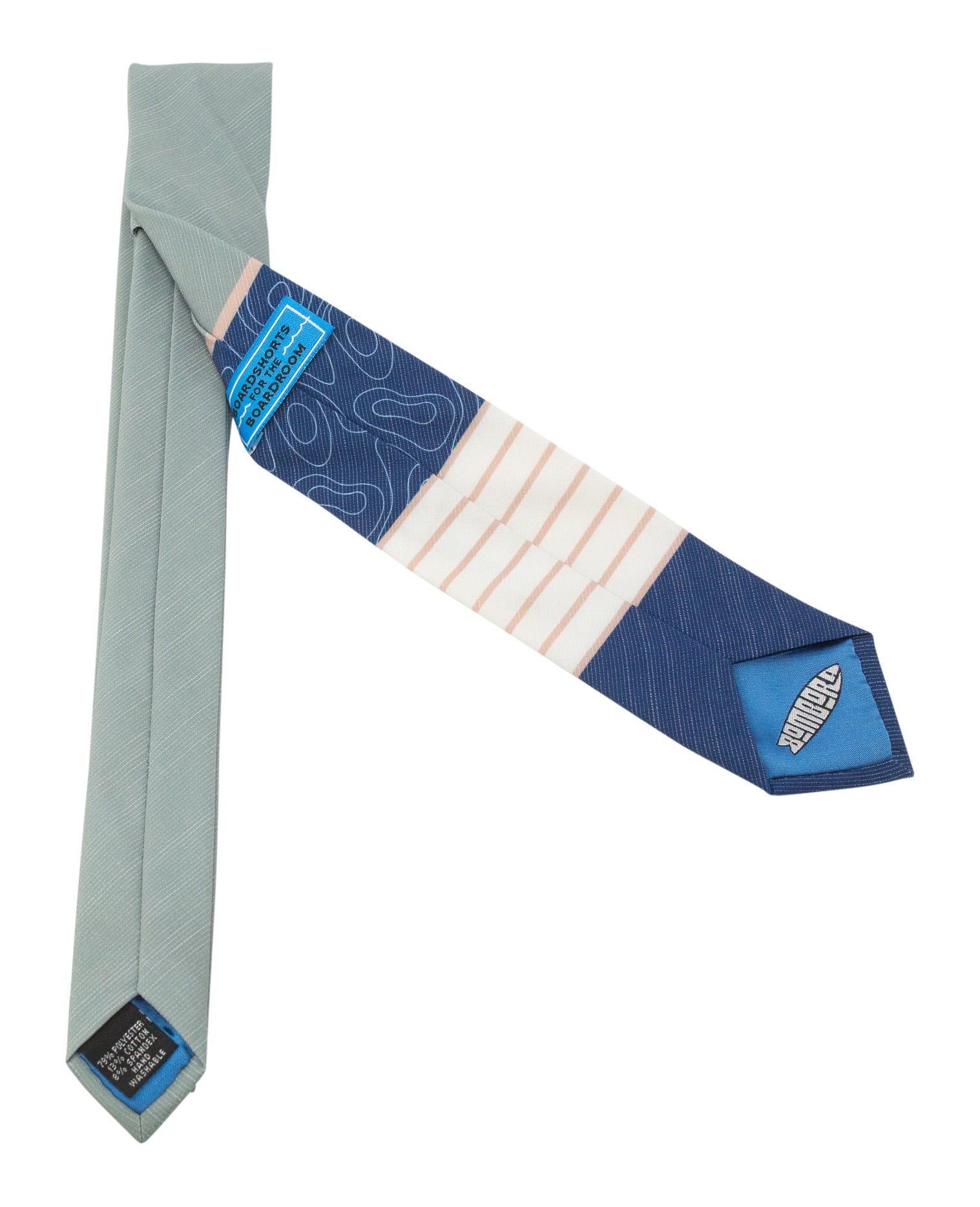 Light blue tie with colorful underside.