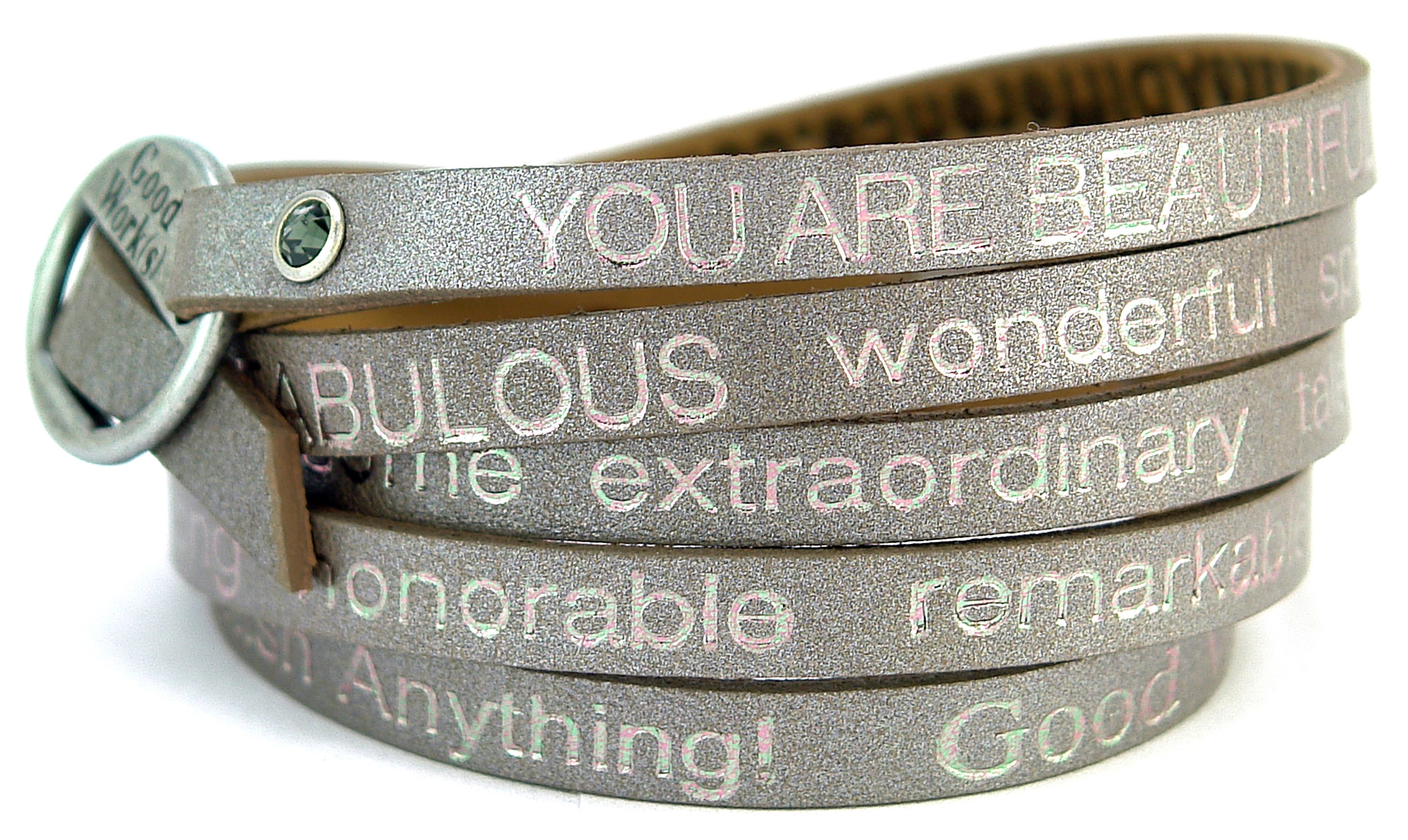 You Are Beautiful wrap around bracelet featuring an inspiring message, adjustable design, and stylish appearance.