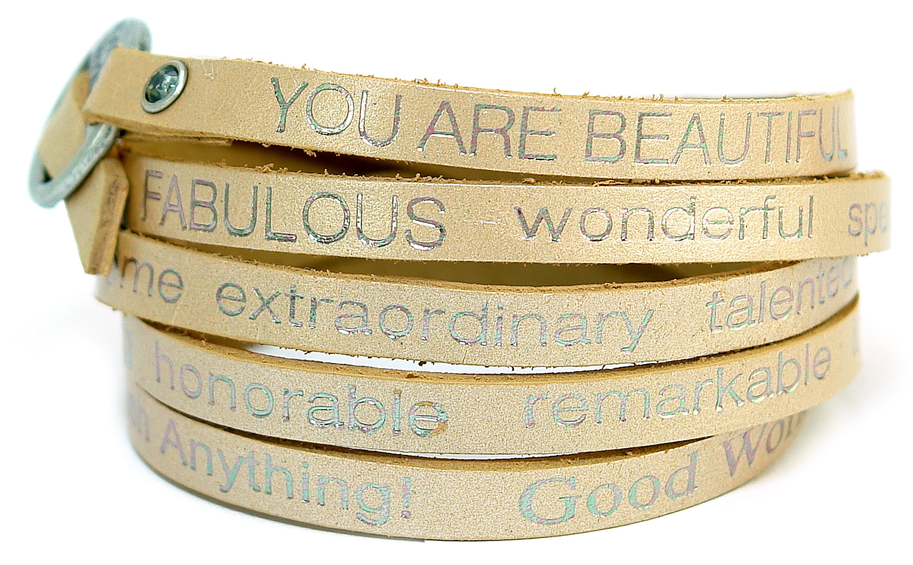 You Are Beautiful wrap around bracelet featuring an inspiring message, adjustable design, and stylish appearance.