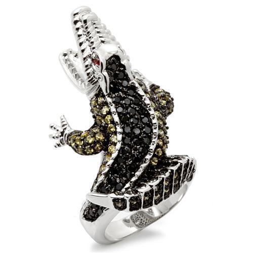 0W007 Rhodium and Ruthenium Brass Ring featuring a vibrant multi-color AAA Grade CZ stone, showcasing elegance and craftsmanship.