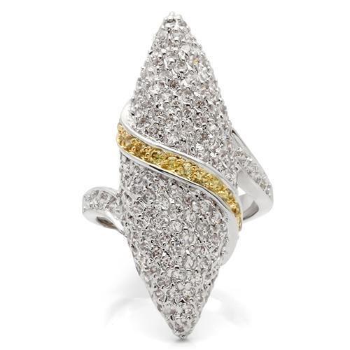 0W099 Gold and Rhodium Brass Ring featuring AAA Grade CZ in Topaz, showcasing its elegant design and sparkling center stone.