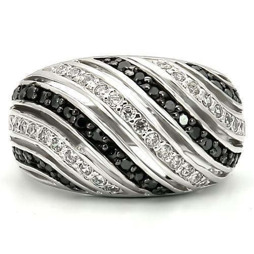 0W224 Rhodium and Ruthenium Brass Ring featuring AAA Grade CZ in Jet color, showcasing its elegant design and luxurious finish.