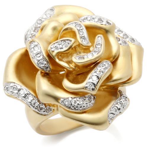 0W250 Matte Gold and Rhodium Brass Ring featuring a clear AAA Grade CZ stone, showcasing its elegant design and luxurious finish.