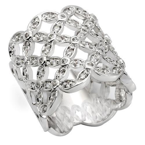 0W267 Rhodium Brass Ring featuring a clear AAA Grade CZ stone, elegantly designed with a shiny finish.