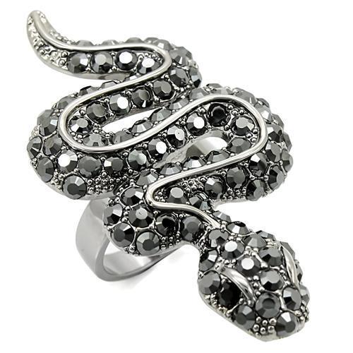 0W282 Ruthenium Brass Ring featuring a jet-colored top grade crystal centerpiece, showcasing elegance and sophistication.