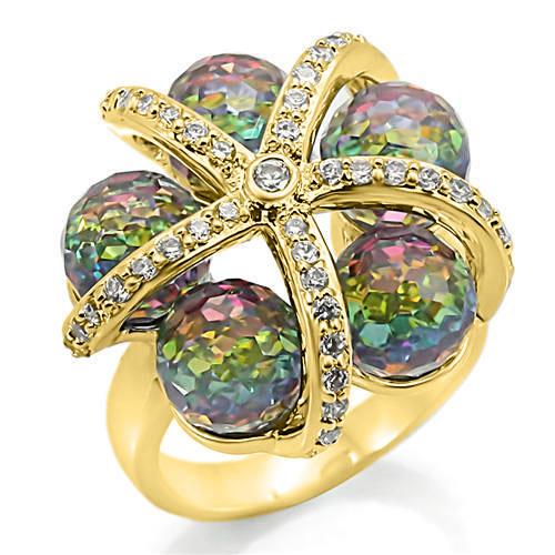 0W299 Gold Plated Brass Ring featuring a vibrant multi-color top grade crystal, elegantly designed for any occasion.