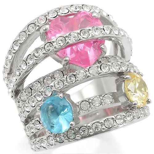 0W350 Rhodium Brass Ring featuring AAA Grade CZ in rose color, showcasing its elegant design and sparkling center stone.