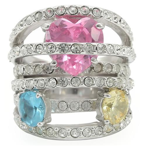 0W350 Rhodium Brass Ring featuring AAA Grade CZ in rose color, showcasing its elegant design and sparkling center stone.