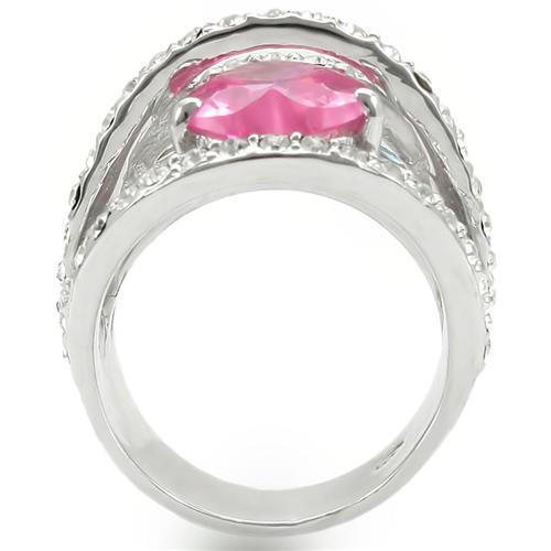 0W350 Rhodium Brass Ring featuring AAA Grade CZ in rose color, showcasing its elegant design and sparkling center stone.