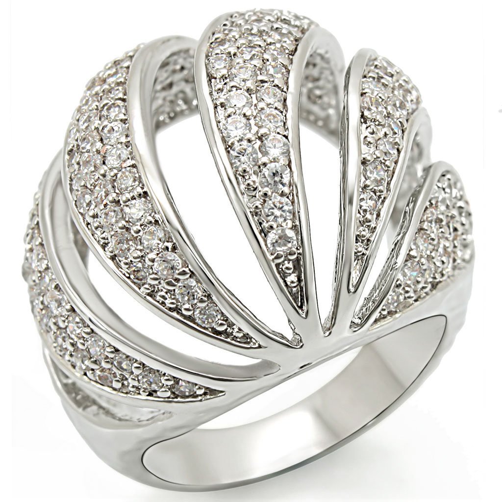 1W019 Rhodium Brass Ring featuring a clear AAA Grade CZ stone, elegantly designed with a shiny finish.