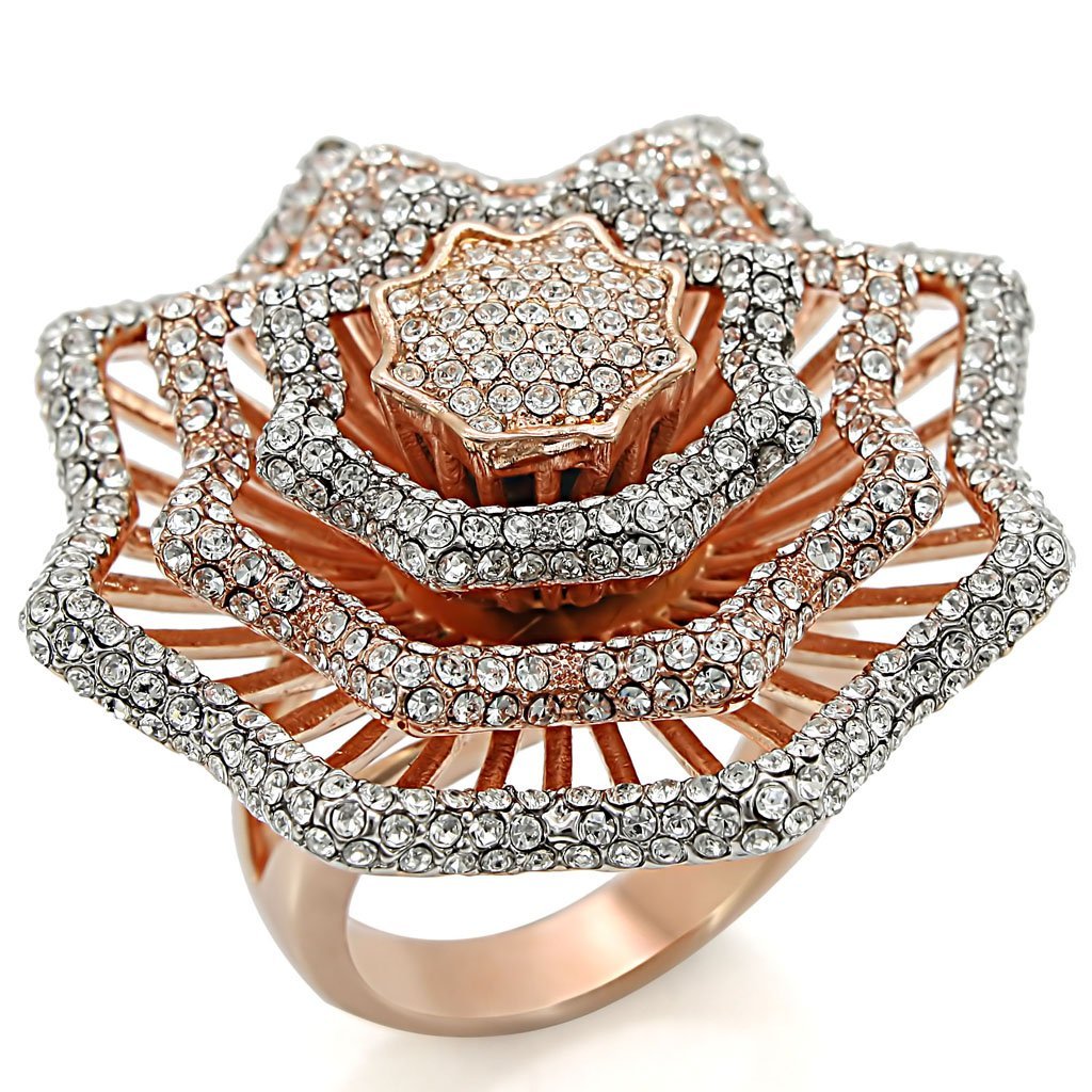 1W023 Rose Gold and Rhodium Brass Ring featuring a clear top grade crystal, showcasing elegance and craftsmanship.