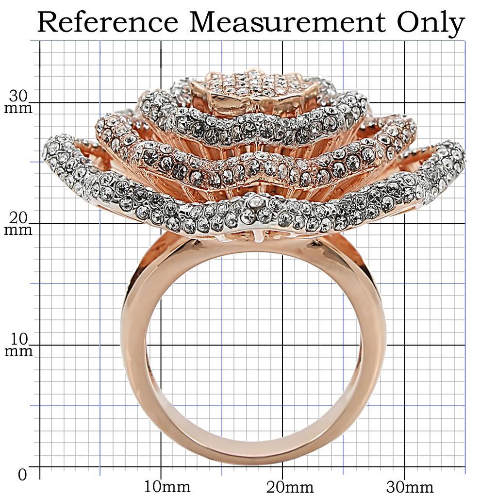 1W023 Rose Gold and Rhodium Brass Ring featuring a clear top grade crystal, showcasing elegance and craftsmanship.