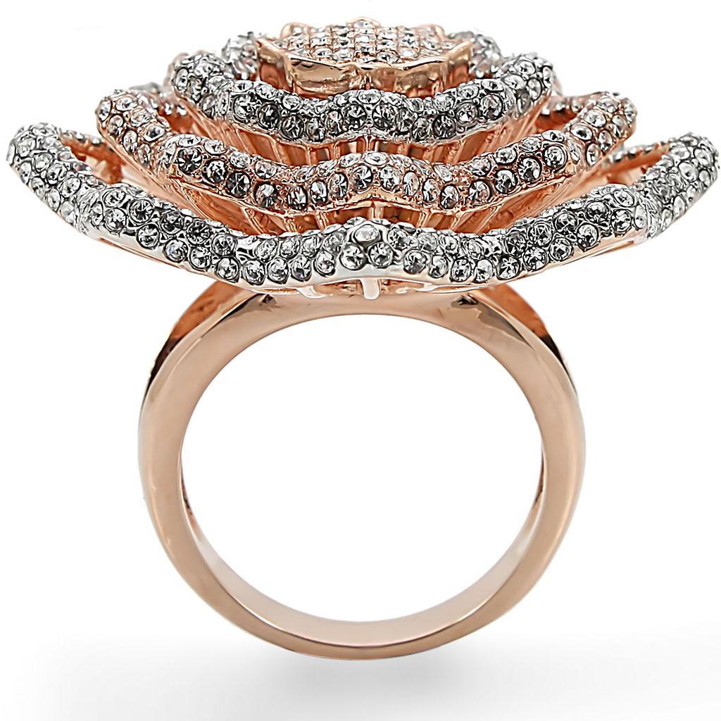 1W023 Rose Gold and Rhodium Brass Ring featuring a clear top grade crystal, showcasing elegance and craftsmanship.