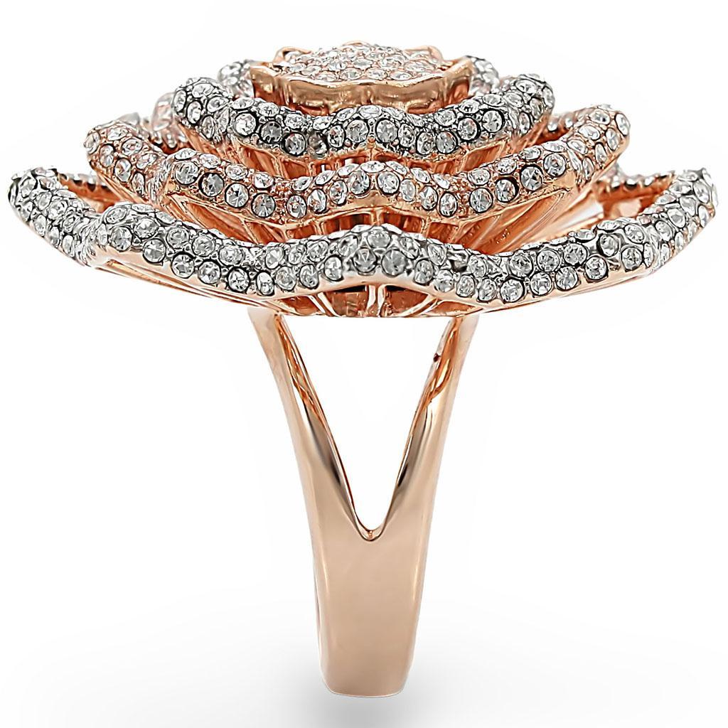 1W023 Rose Gold and Rhodium Brass Ring featuring a clear top grade crystal, showcasing elegance and craftsmanship.