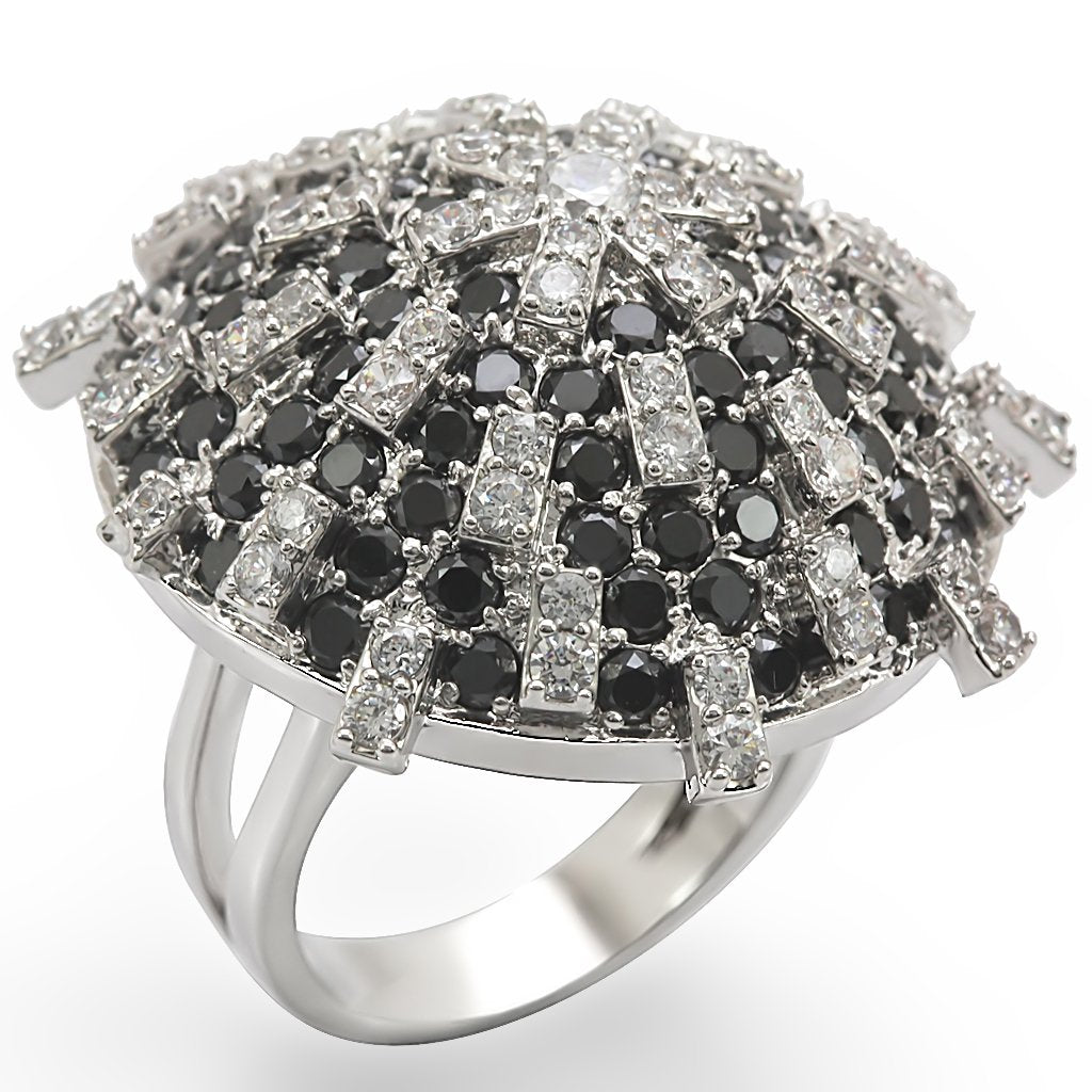 1W029 Rhodium Brass Ring featuring AAA Grade CZ in Black Diamond, showcasing its elegant design and sparkling center stone.