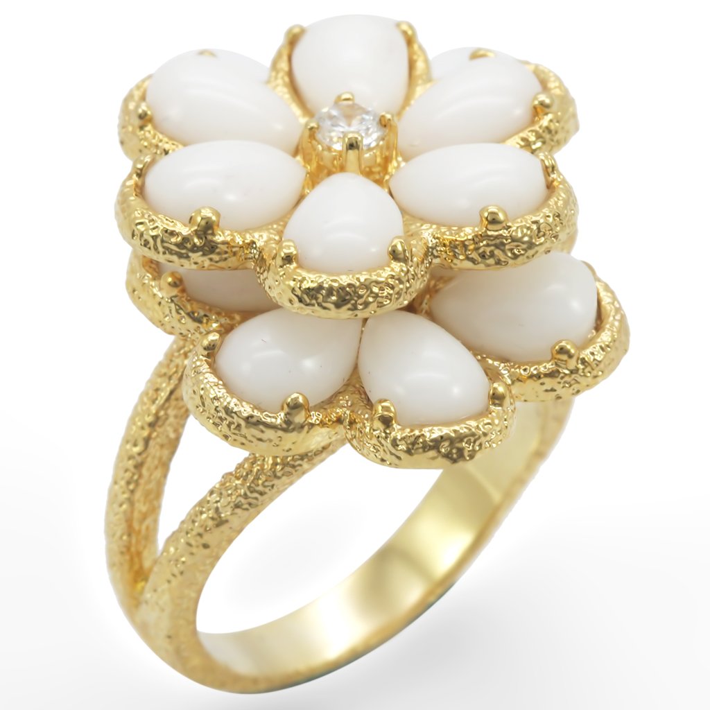 1W045 Gold Brass Ring featuring a white synthetic glass stone, elegantly designed for versatile wear.