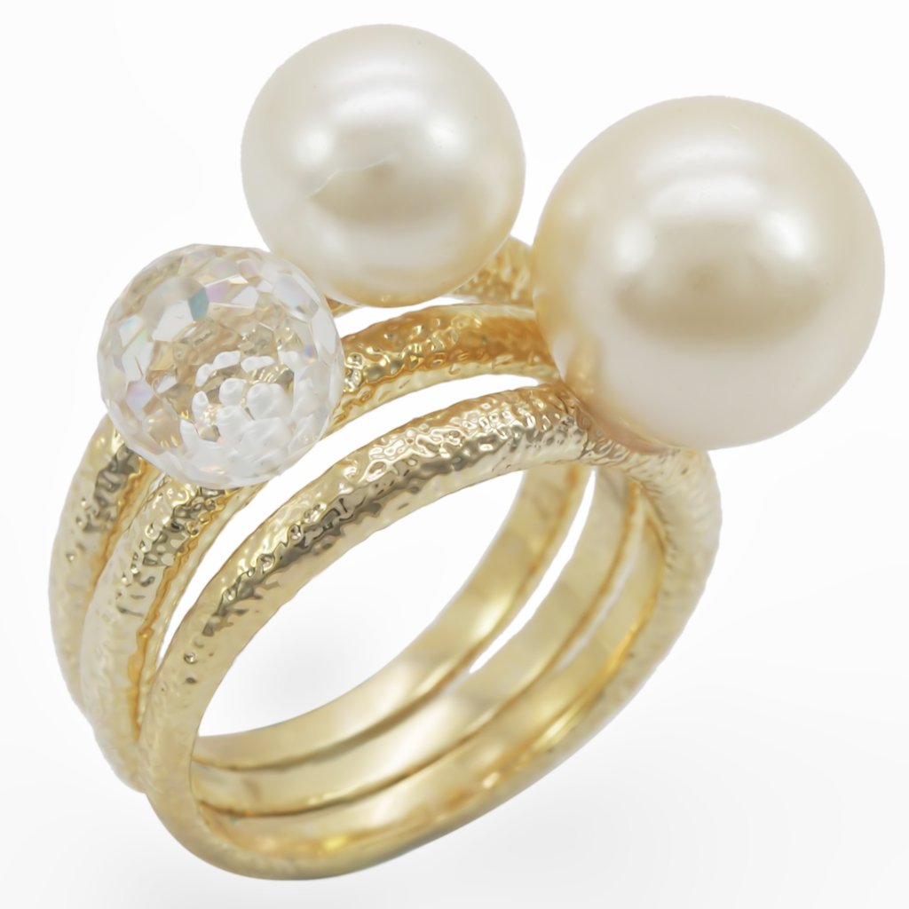 Gold brass ring featuring a synthetic pearl in vibrant citrine yellow, elegantly designed for stylish wear.