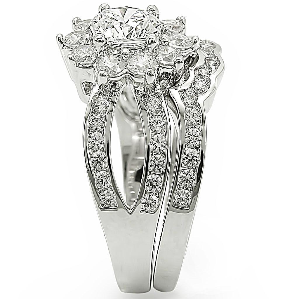 1W008 Rhodium Brass Ring featuring a clear AAA Grade CZ center stone, elegantly designed for style and comfort.