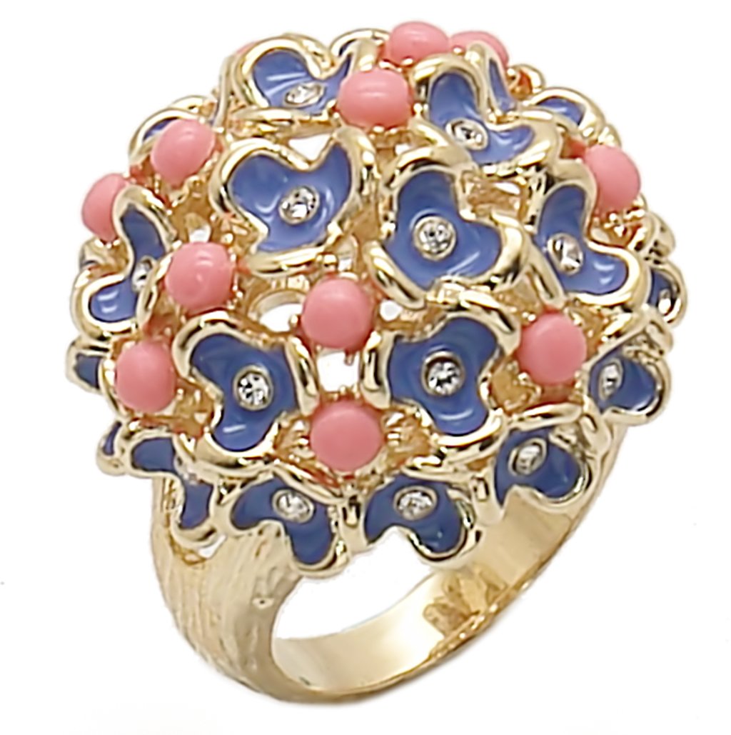 1W106 Gold Brass Ring featuring a semi-precious rose coral stone, elegantly designed for a sophisticated look.