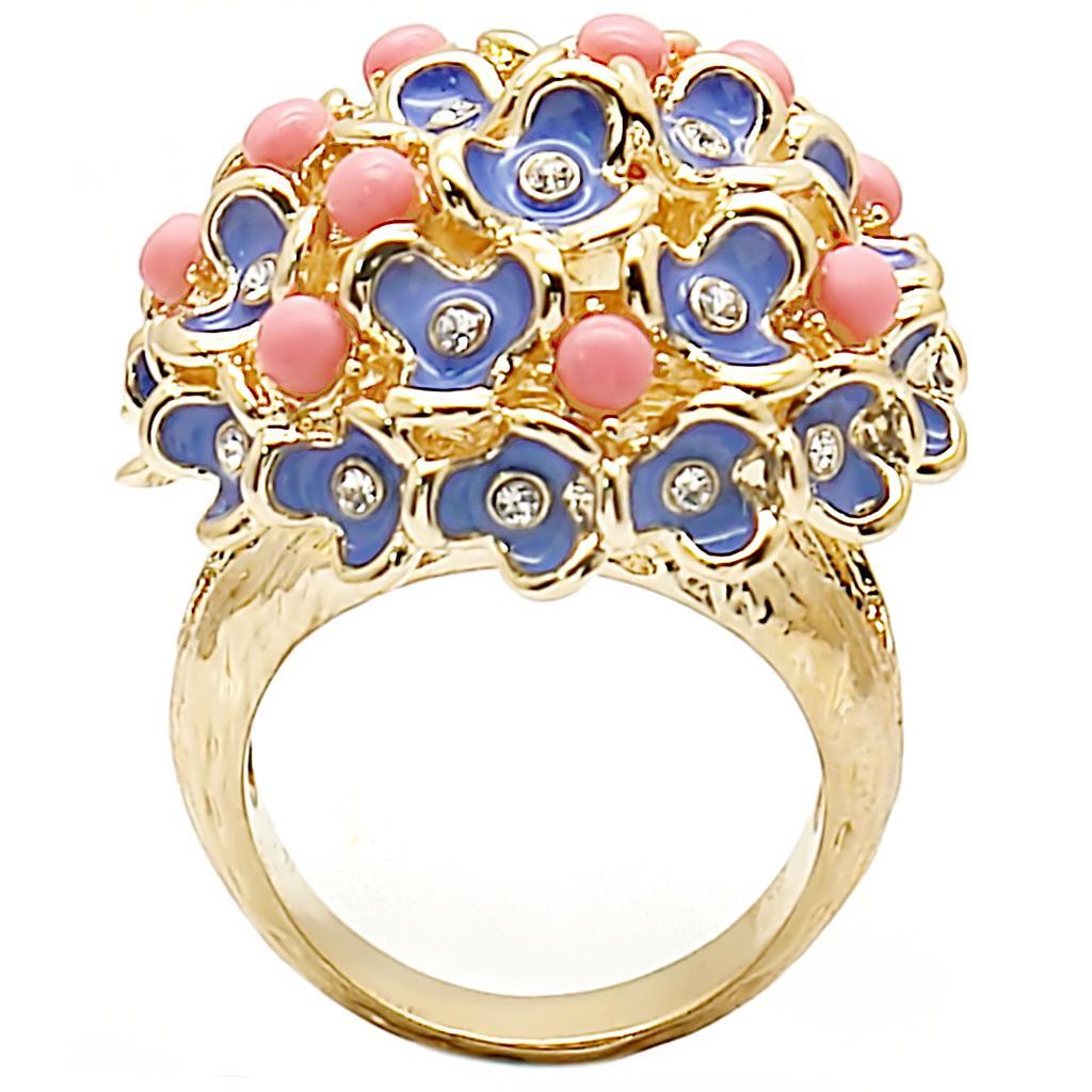 1W106 Gold Brass Ring featuring a semi-precious rose coral stone, elegantly designed for a sophisticated look.