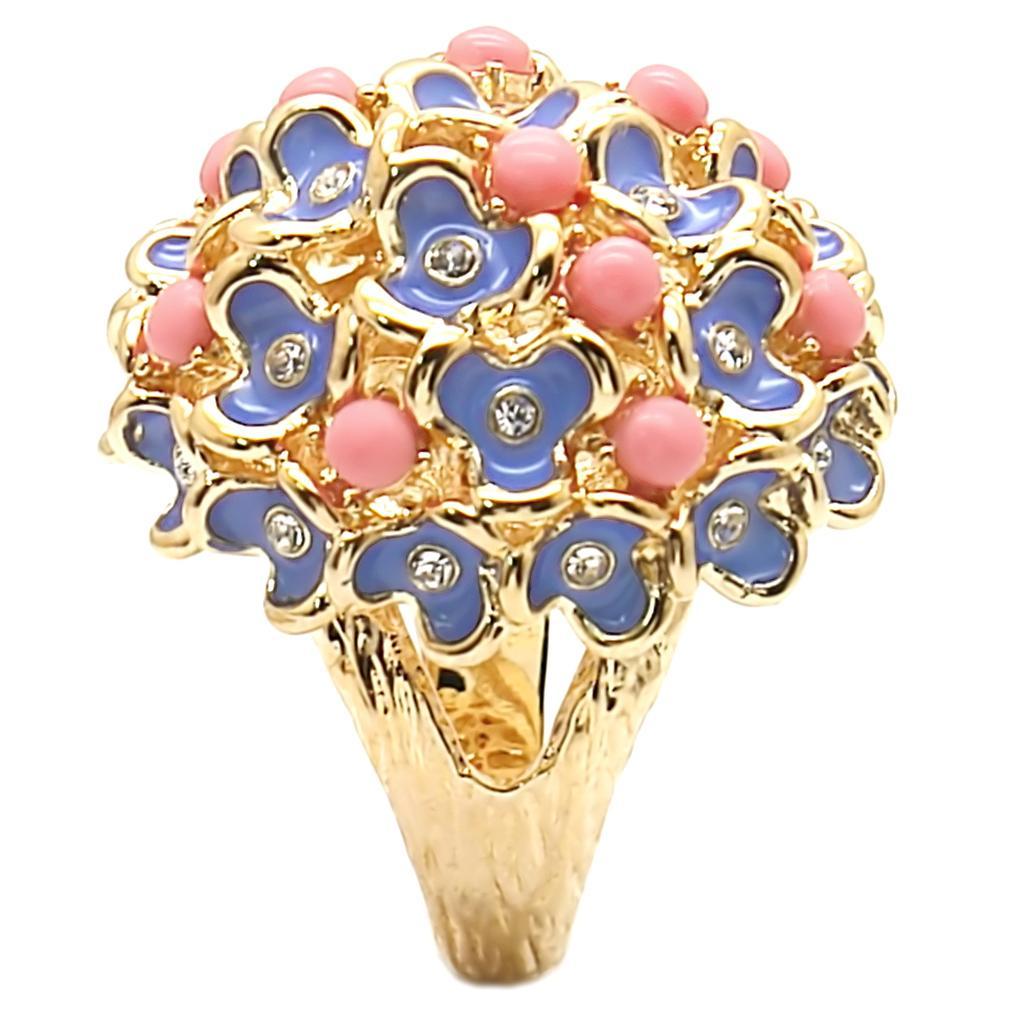 1W106 Gold Brass Ring featuring a semi-precious rose coral stone, elegantly designed for a sophisticated look.