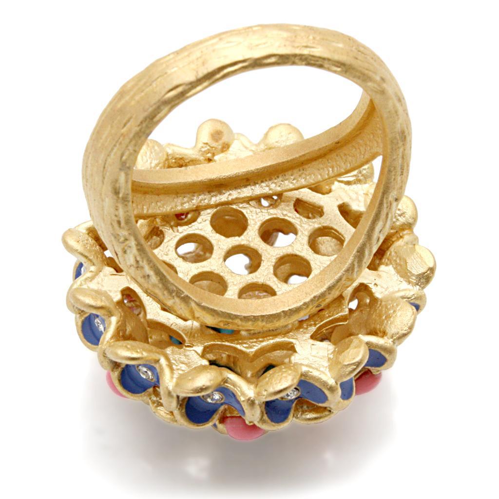 1W106 Gold Brass Ring featuring a semi-precious rose coral stone, elegantly designed for a sophisticated look.