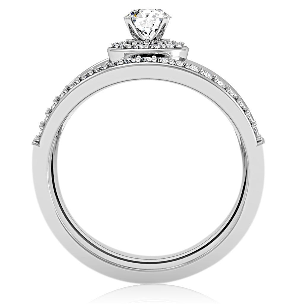 1W164 Rhodium Brass Ring featuring a clear AAA Grade CZ stone, showcasing its elegant design and shiny finish.