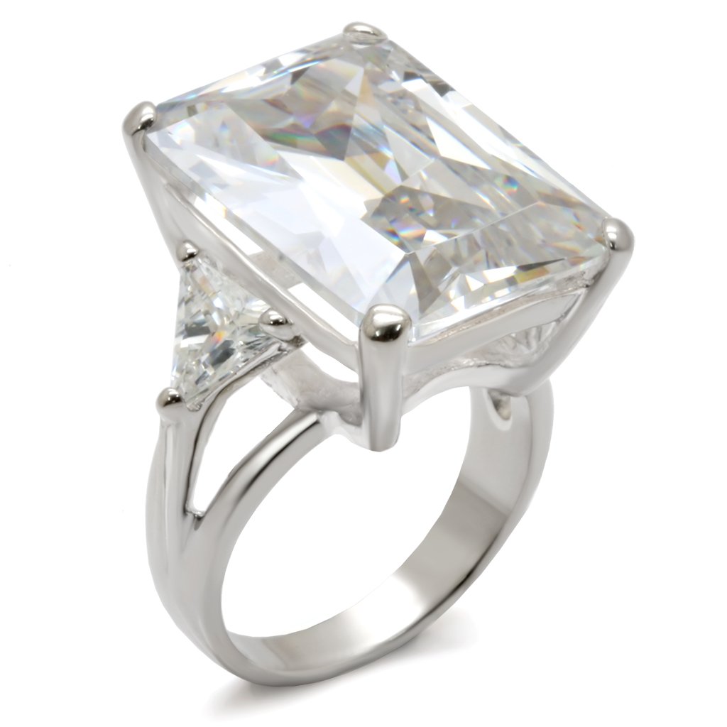 High-polished 925 sterling silver ring featuring a large AAA grade clear CZ stone, elegantly designed for any occasion.