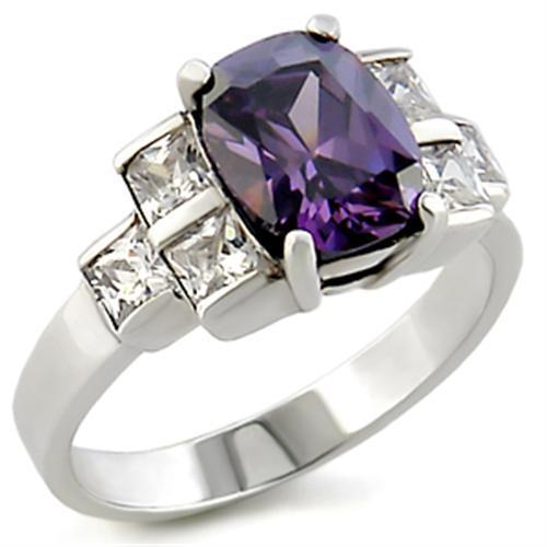 High-Polished 925 Sterling Silver Ring featuring a stunning AAA Grade CZ center stone in amethyst color, showcasing its elegant design.