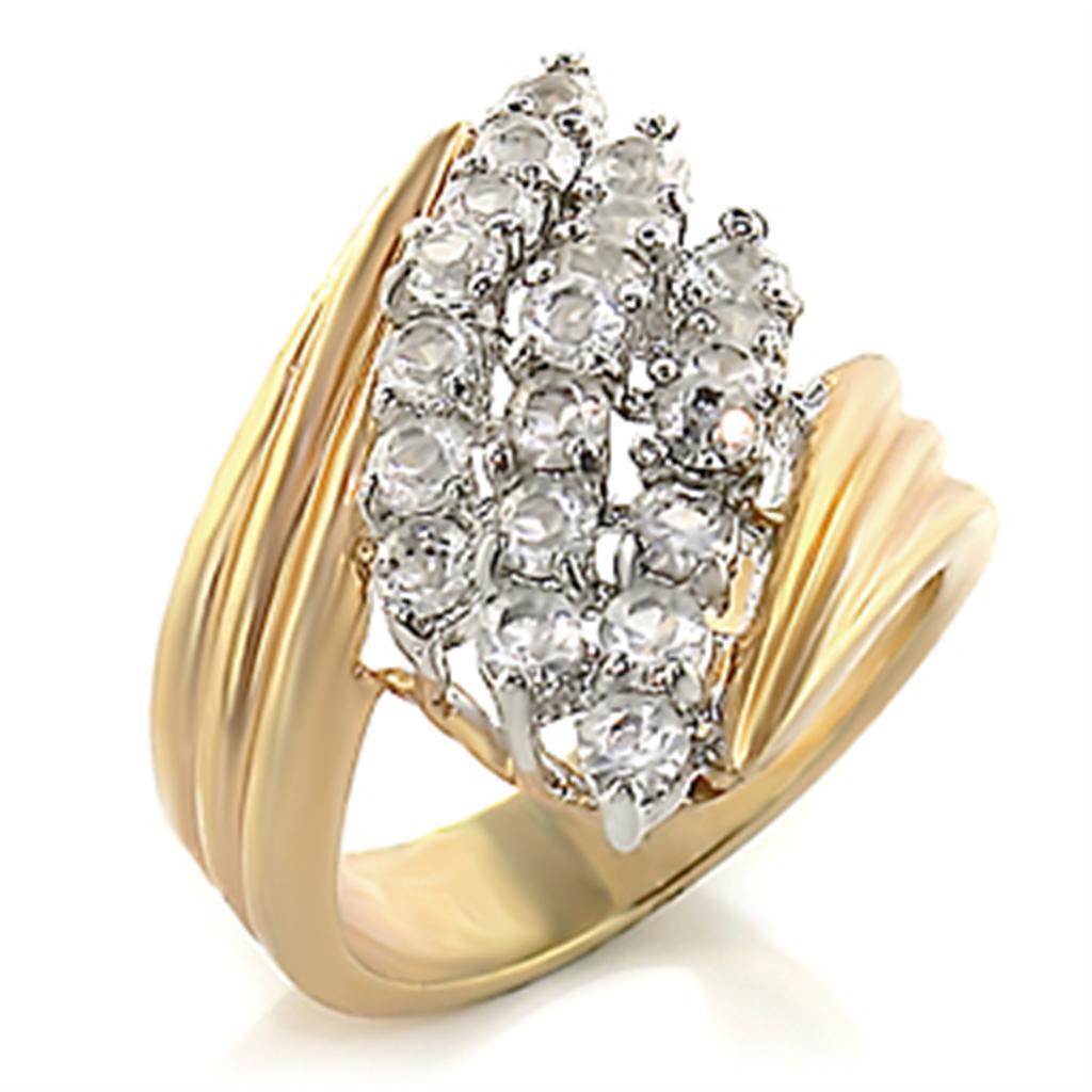 2W029 Gold and Rhodium Brass Ring featuring a clear AAA Grade CZ stone, elegantly designed for any occasion.