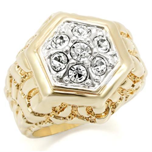 2W037 Gold and Rhodium Brass Ring featuring a clear top grade crystal, showcasing its elegant design and luxurious finish.