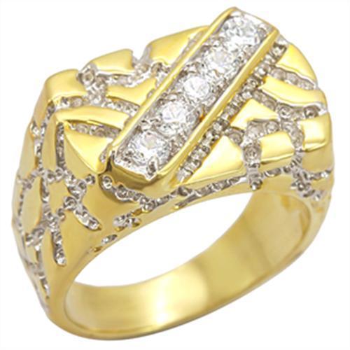 2W050 Gold and Rhodium Brass Ring featuring a clear AAA Grade CZ stone, showcasing its elegant design and luxurious finish.