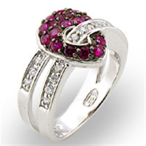 Elegant 31715 Rhodium + Ruthenium 925 Sterling Silver Ring featuring a vibrant synthetic garnet stone in ruby color.